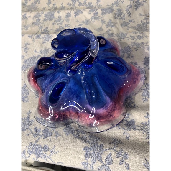 Pink Blue Hand Made 10" Glass Pedestal Bowl Bohemia Czech Republic Glass MCM - Picture 8 of 12